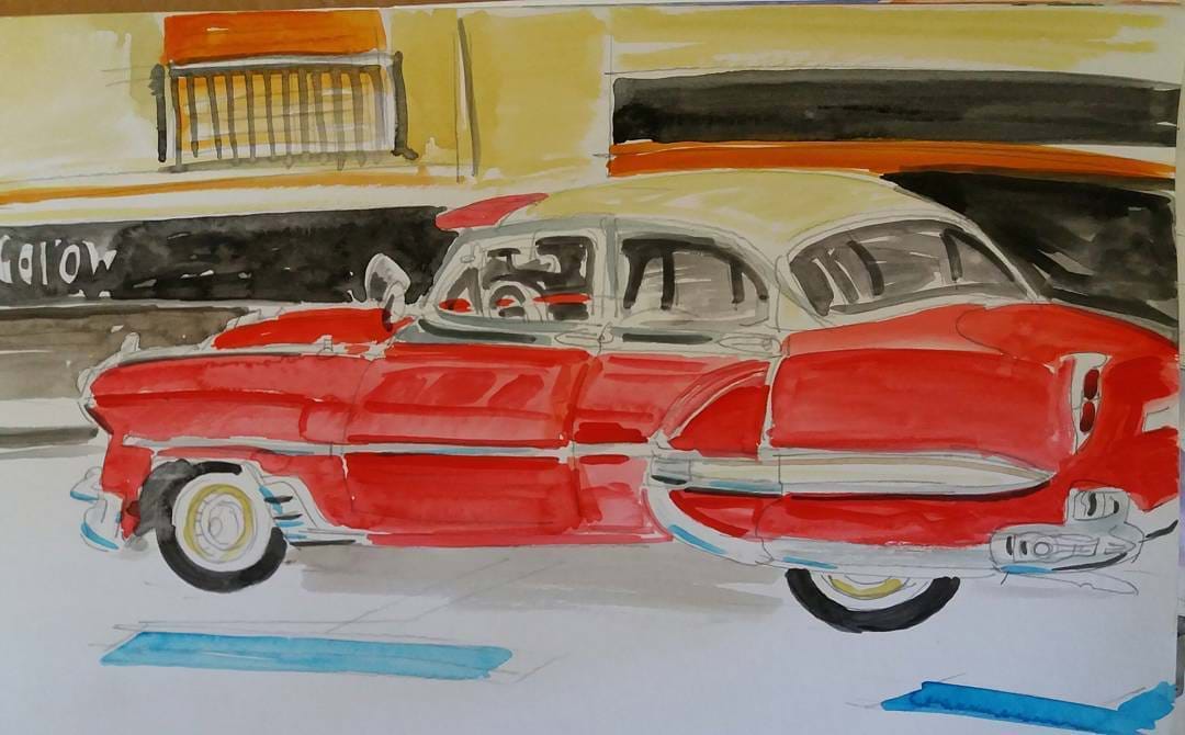  A vintage car parced in Athens street watercolor on paper 2006 . For sale $500